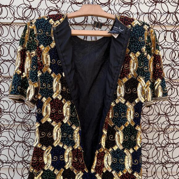 Vintage Laurence Kazar art deco bead sequin silk blouse gold chain pattern - Picture 8 of 10